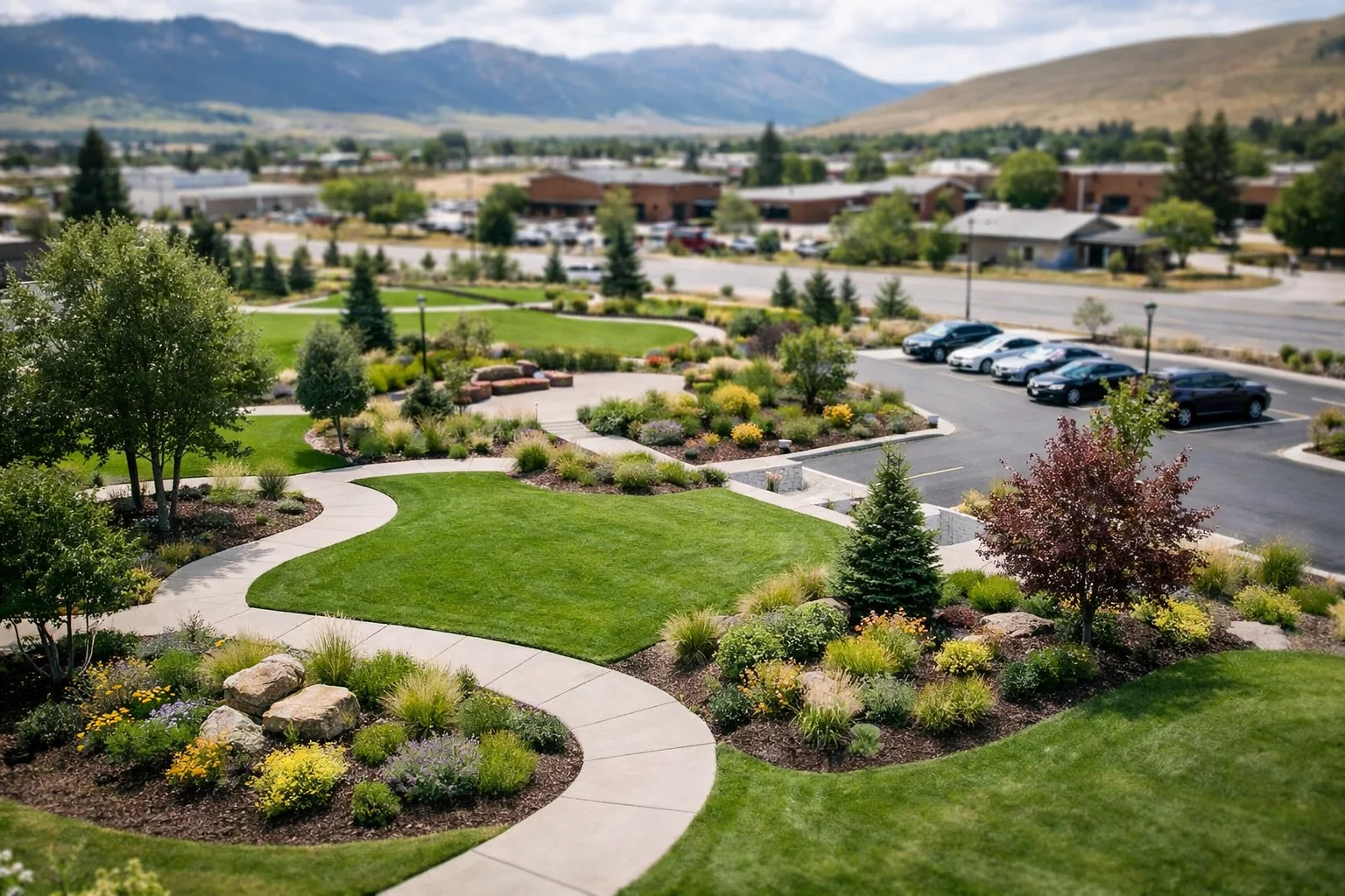 Aerial view of completed commercial landscape project