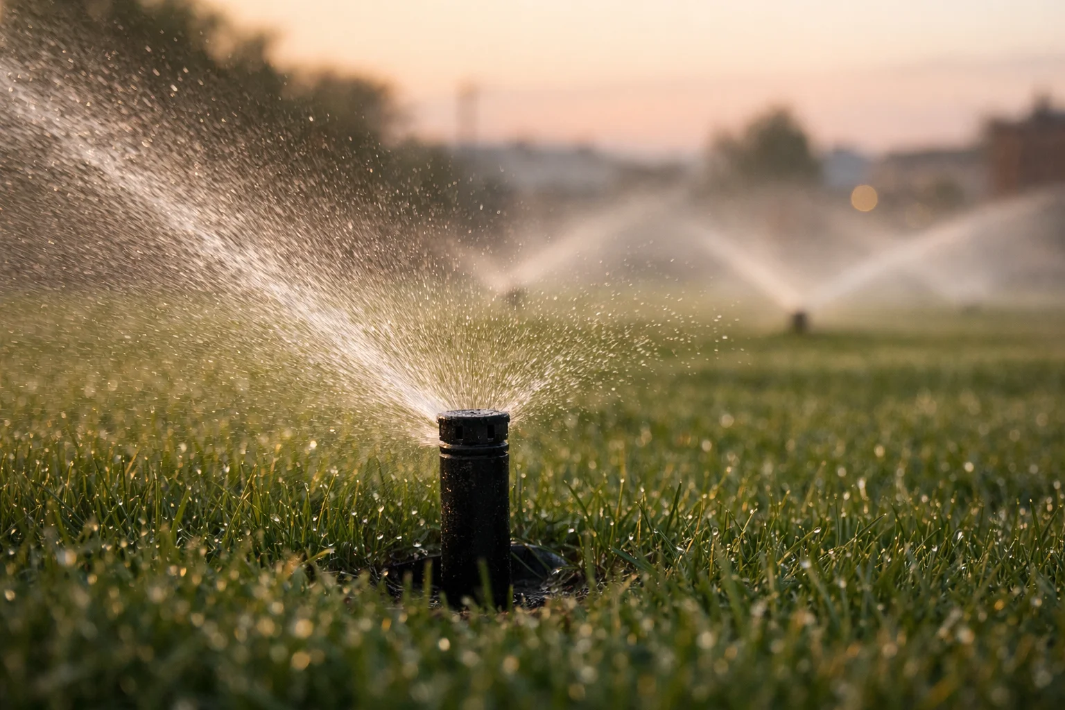 Commercial irrigation system in action at dawn