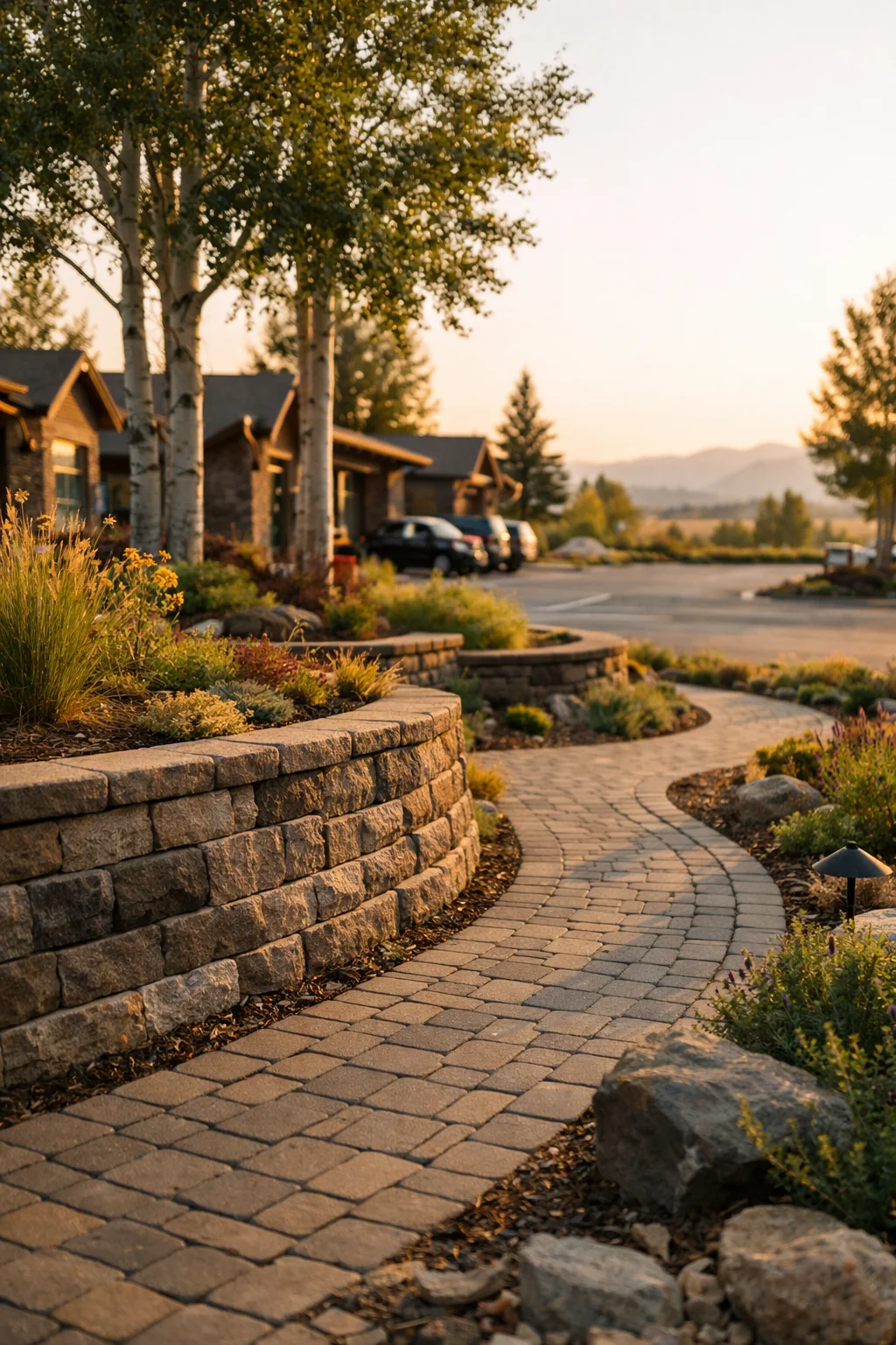 Completed commercial landscape with retaining walls and paver walkways in Wyoming