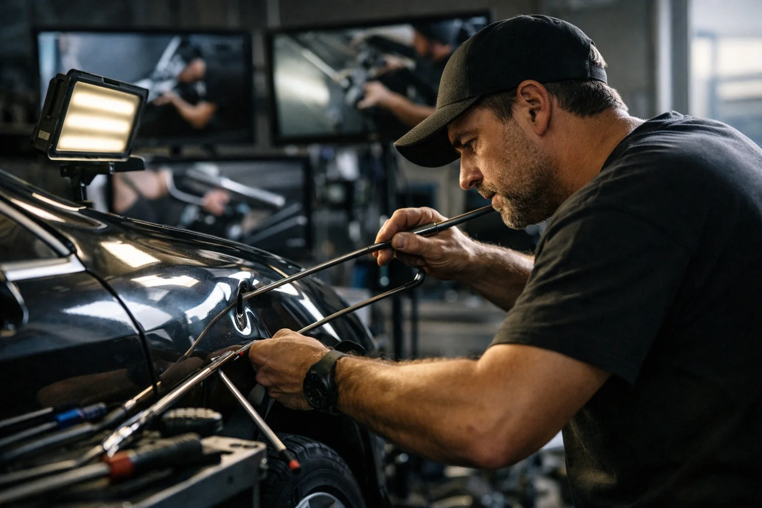 PDR technician performing advanced dent repair in a professional workshop