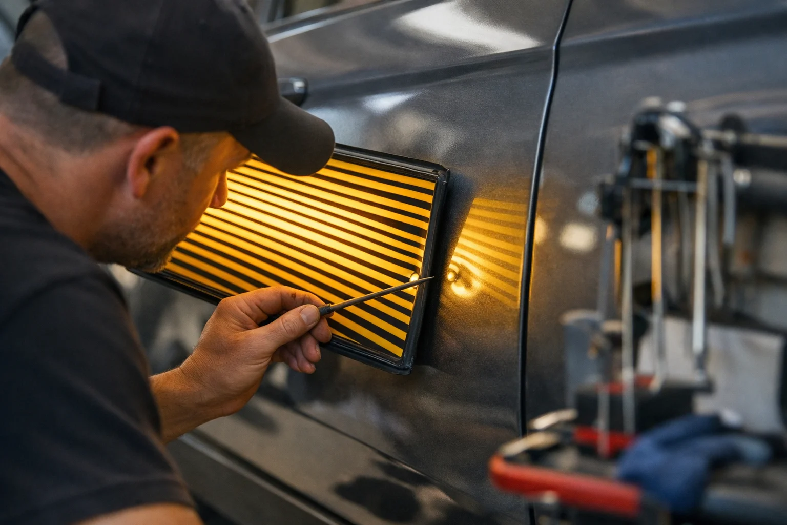 PDR technician inspecting a dent using a reflection board