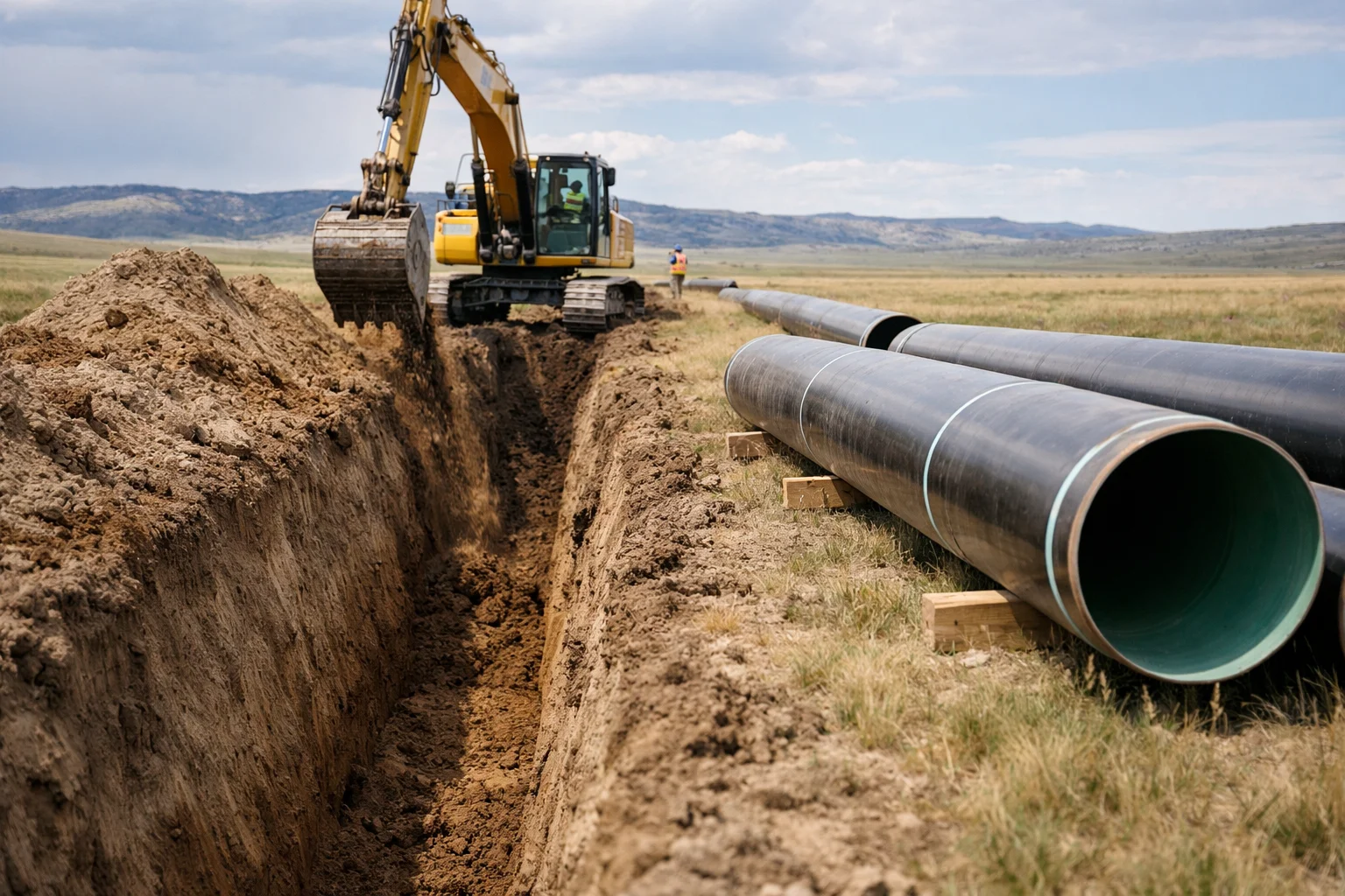 Excavation equipment preparing a pipeline corridor