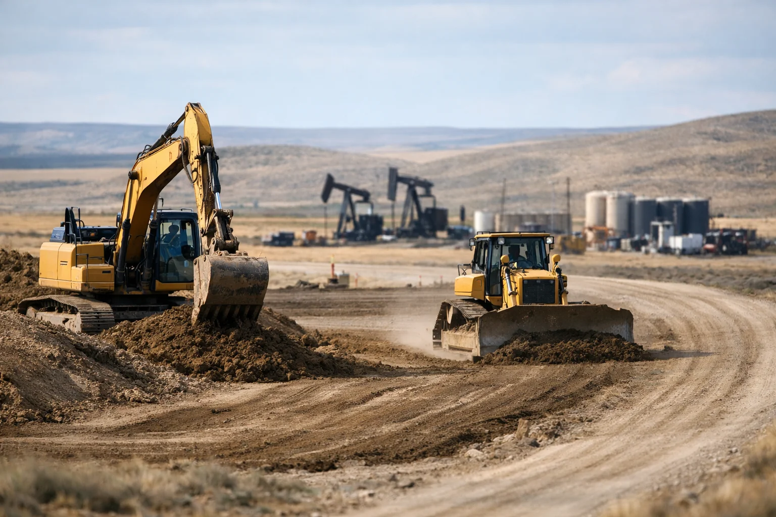 Heavy equipment working on an oilfield site development project
