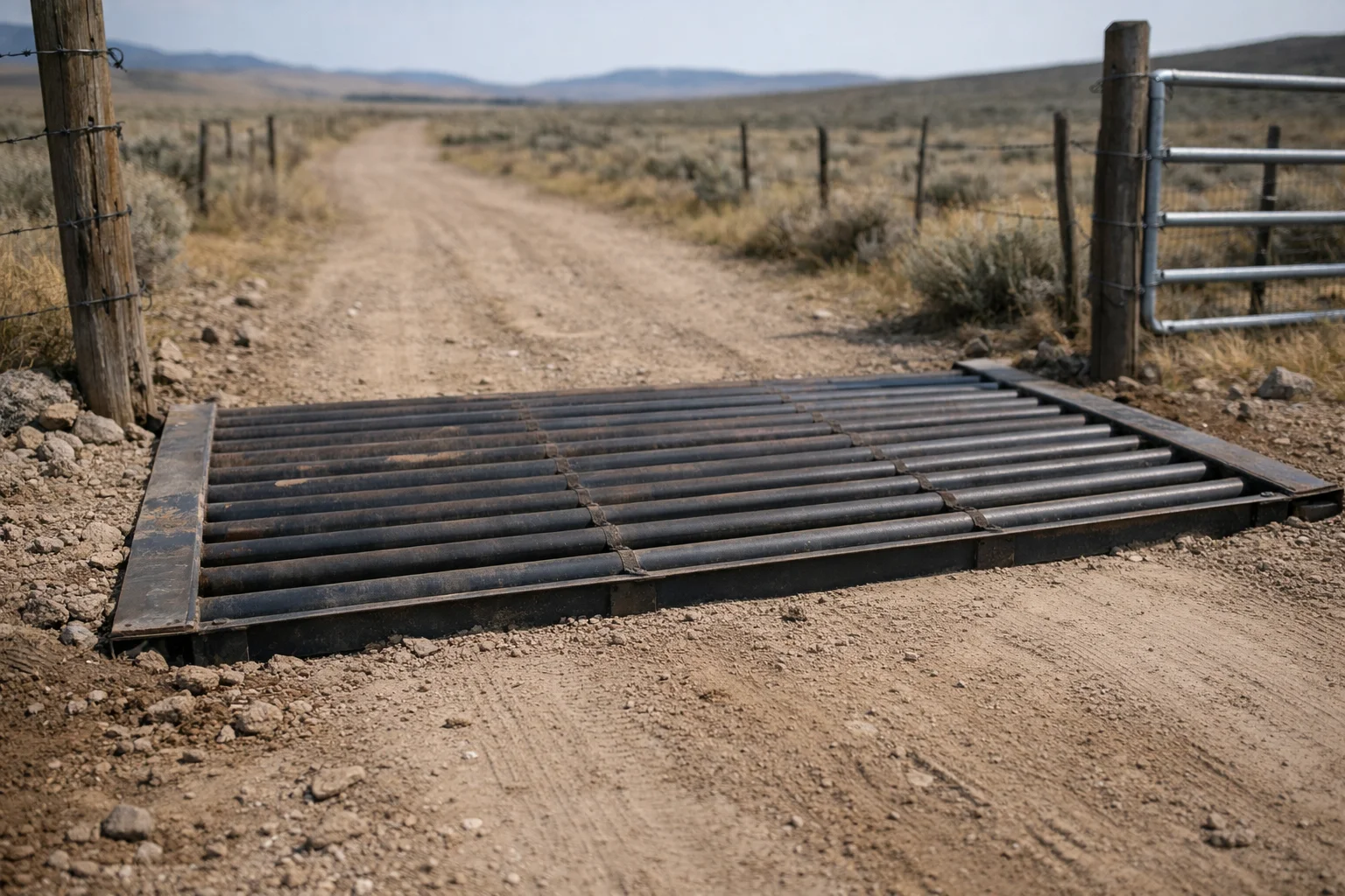 Cattle guard installed on a ranch road