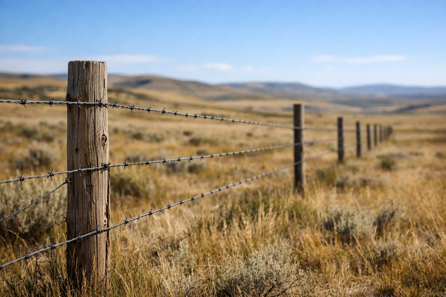 Ranch fencing across rural Wyoming landscape