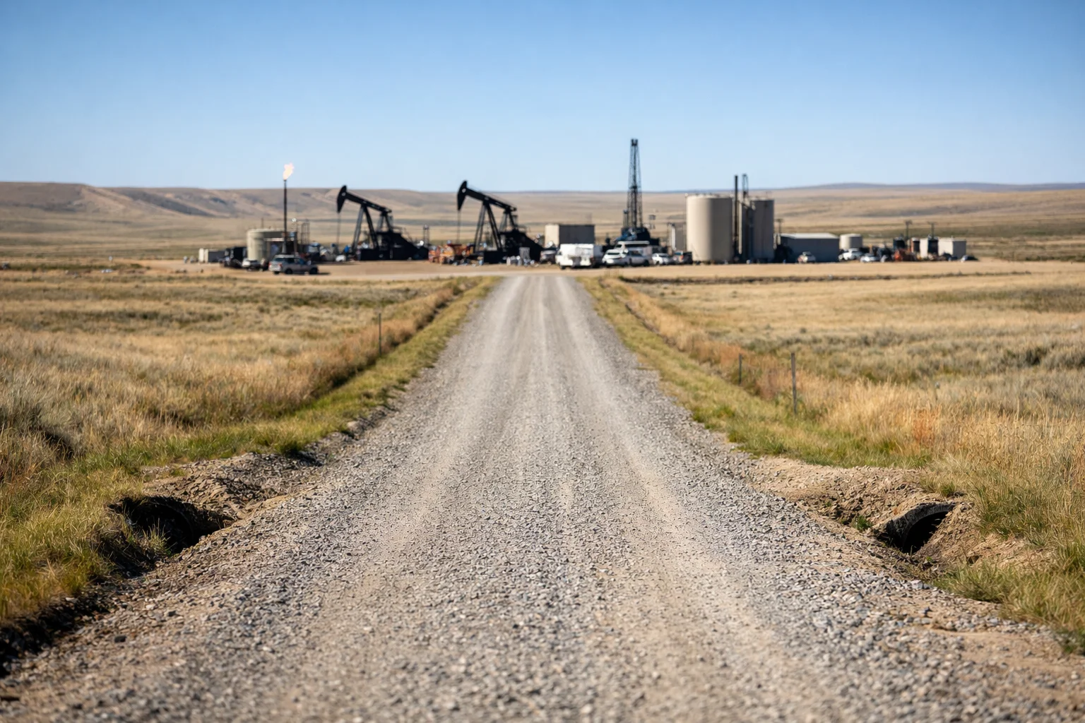 Gravel access road under construction in a rural oilfield setting