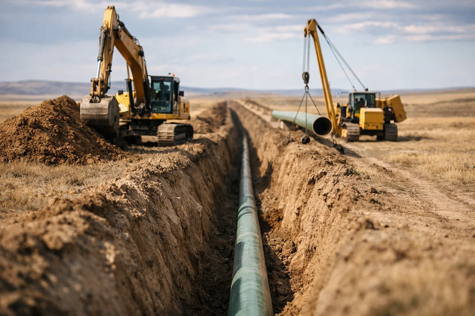 Pipeline trench excavation in open rangeland